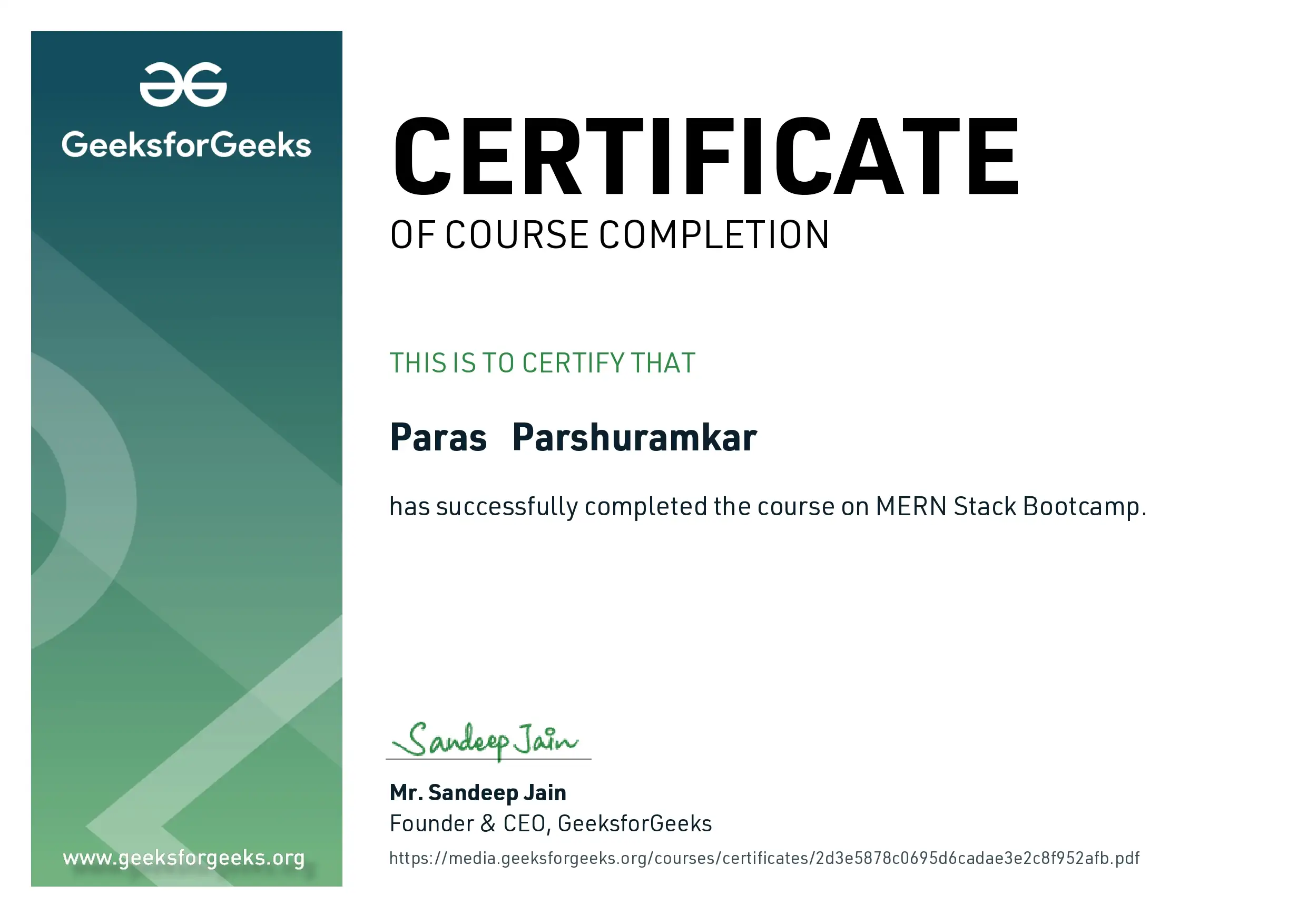MERN Stack Bootcamp Certificate